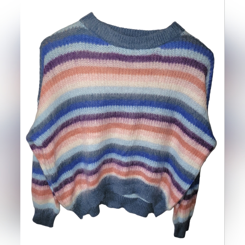Fuzzy Mohair Wool Blend Striped Sweater Womens Large L Oversized Hi Lo Cozy Boho